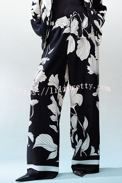 Unique Print Lapel Long Sleeve Loose Shirt and Elastic Waist Casual Pocket Wide Leg Pants Set