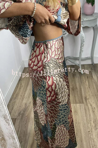 Palm Beach Satin Printed Button Wide Sleeve Shirt and Elastic Waist Maxi Skirt Set