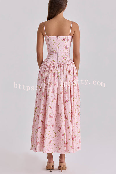Romantic Countryside Stretch Cotton Blend Floral Print Cutout Trim Slip Midi Dress