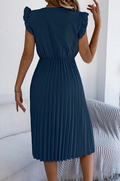 Solid Color V-neck Lace-trimmed Sleeveless Casual Pleated Midi Dress