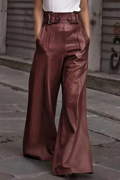 Fashion Leather High Waist Loose Pocket Casual Flared Pants