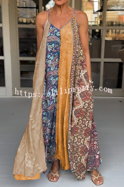 Unique Printed Loose Holiday Strap Big Hem Maxi Dress