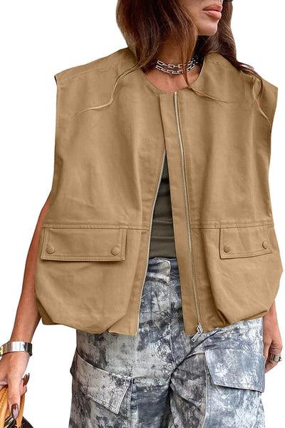 Fashion Zipper Sleeveless Pocket Loose Vest Jacket