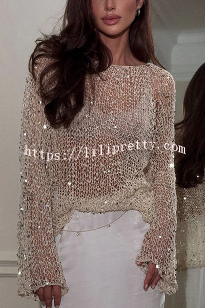Fashion Sequined Hollow Long Sleeve Loose Knit Top