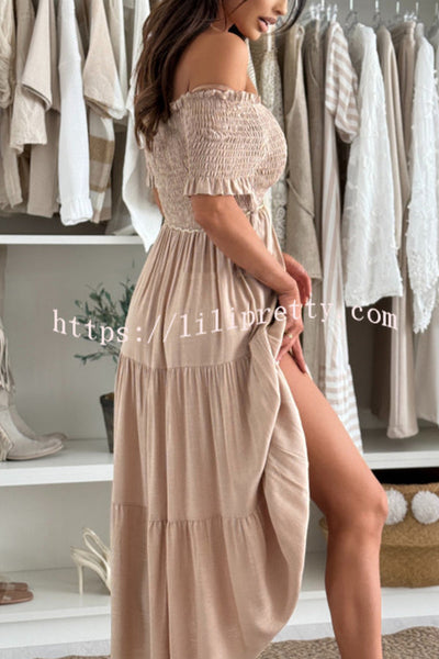 Solid Color Off-the-shoulder Pleated Waist Midi Dress