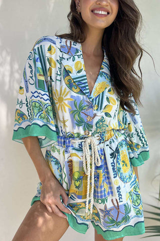 Holiday Style Unique Print Short-sleeved Casual Tie Rompers