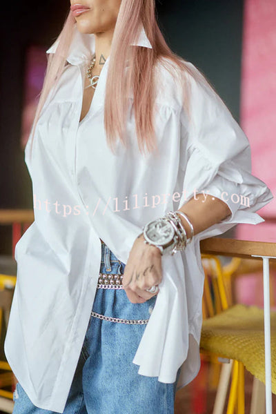 Easy and Modern Button Up Sculptural Sleeve Slit Oversized Midi Blouse