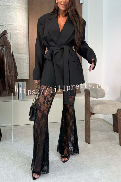 Chic Moment Floral Lace High Rise Elastic Waist Fishtail Hem Stretch Pants