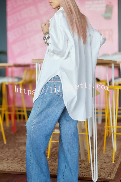 Easy and Modern Button Up Sculptural Sleeve Slit Oversized Midi Blouse