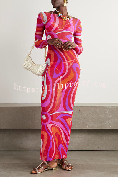 Pool Party Ready Mesh Unique Print Long Sleeve Stretch See-Through Maxi Dress