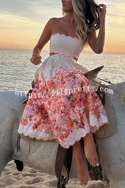 Cabo Sunsets Floral Print Petal Trim Back Lace-up Pocket Midi Dress