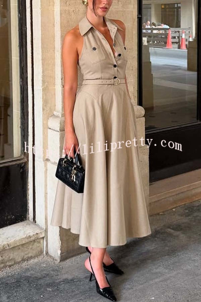 Charmed To Meet You Button Up Belted Pocket Halter Shirt Flare Midi Dress