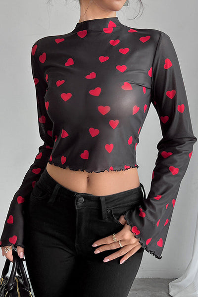 Unique Printed Mesh Trumpet Sleeve Slim Fit Top