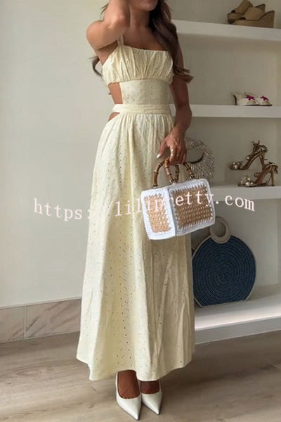 Vineyard Cutwork Fabric Ruched Bust Cutout Back Smocked Maxi Dress