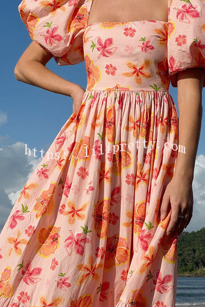 Summer Lightness Floral Print Puff Sleeve Back Smocked Pocket Maxi Dress