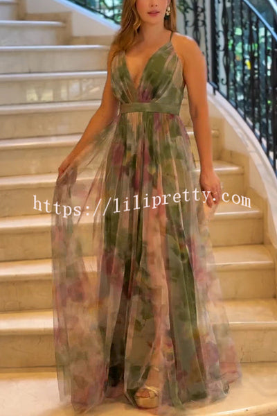 Kerrie Tulle Render Floral Print Cross Back Straps Maxi Dress