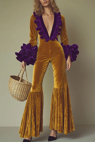 Gold Velvet Contrast Color Stitching Long-sleeved V-neck Jumpsuit
