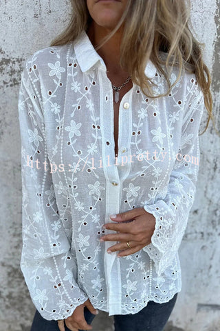 Embroidered Plant Long Sleeve Lapel Hollow Casual Shirt