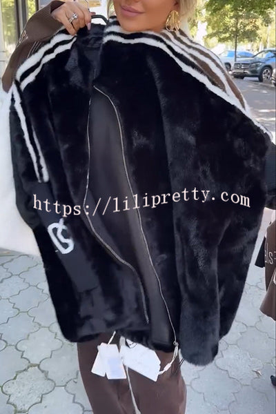 Fashion Sports Stripe Print and Ribbed Embroidered Long Sleeve Zipper Stand Nack Pocket Plush Coat