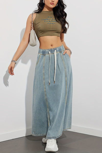 Fashion Elastic Waist Drawstring Casual Pocket Denim Maxi Skirt
