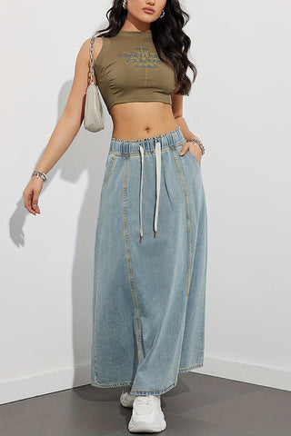 Fashion Elastic Waist Drawstring Casual Pocket Denim Maxi Skirt
