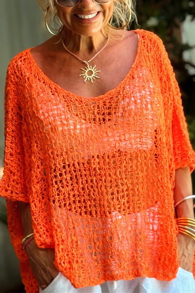 Solid Color Loose-fitting Openwork Casual Knitted Cover-up Top