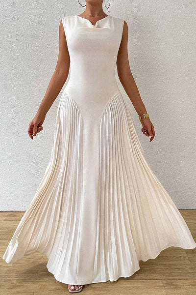 Solid Color Sleeveless Slim Fit Pleated Full Hem Maxi Dress