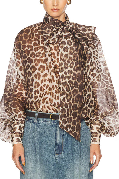 Arianne Chiffon Leopard Print Bow Neck Long Balloon Sleeve Loose Blouse
