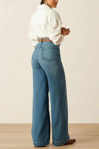 Fashion High Waist Casual Pocket Drape Stretch Straight Jeans
