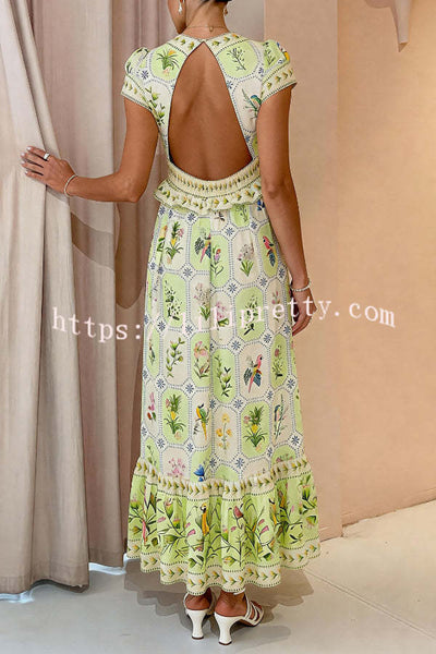 Botanical Floral Print V-neck Short-sleeved Backless Vacation Maxi Dress