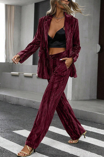 Solid Color Velvet Loose Long-sleeved Top and Elastic Waist Pocket Casual Straight-leg Pants Set