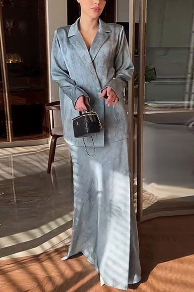 Stylish Lapel Long-sleeved Button-down Suit and Elegant Maxi Skirt Set