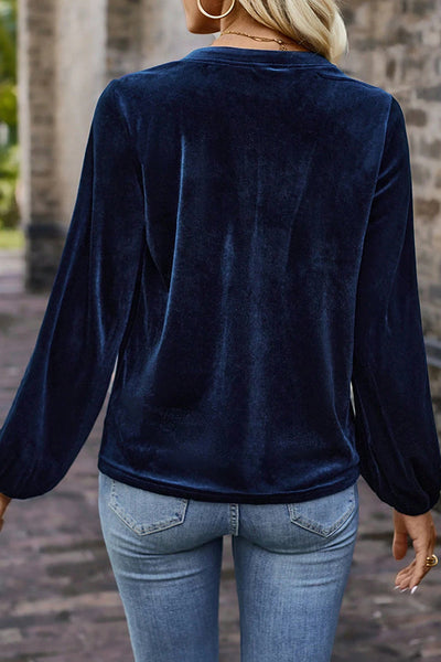 Solid Color Velvet V-neck Long-sleeved Loose Button Top