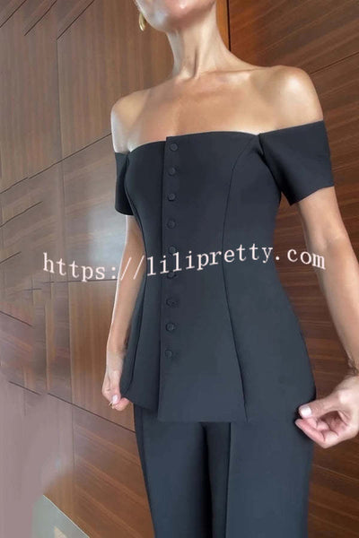 Solid Color Off-the-shoulder Single-breasted Top and Casual Pocket Straight-leg Pants Set
