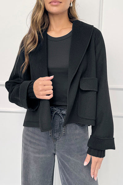 Comfortable Season Shawl Collar Open-front Long Sleeve Flap Pockets Crop Coat