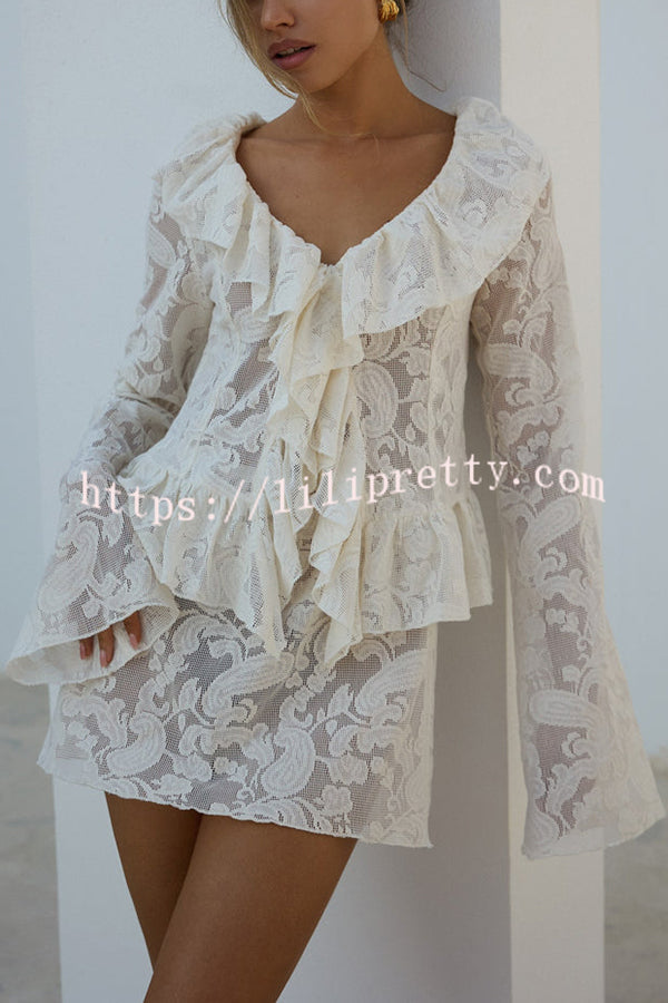 Feel Fabulous Ruffle Lace Long Sleeve Blouse and Mid Rise Elastic Waist Mini Skirt Set
