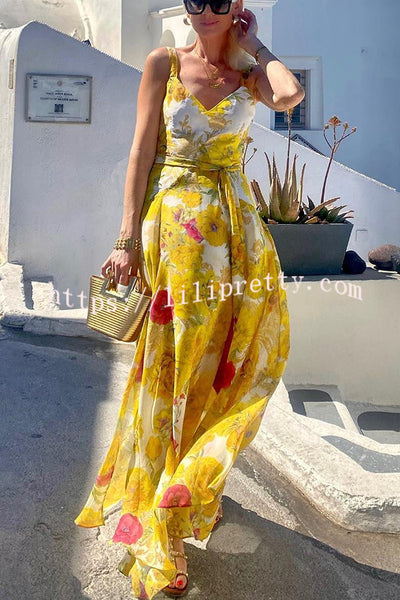 Sunshine Yellow Floral Print Belted Vacation Maxi Dress