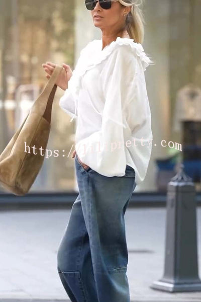 Ashlyne Tiered Ruffle Neckline Tie-up Balloon Sleeve Loose Blouse