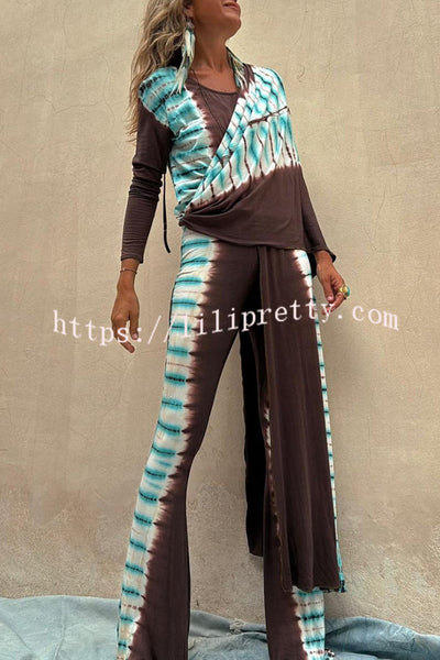 ROMA Tie-dye Print Front and Back Slit Detail Long Sleeve  Stretch Midi Top