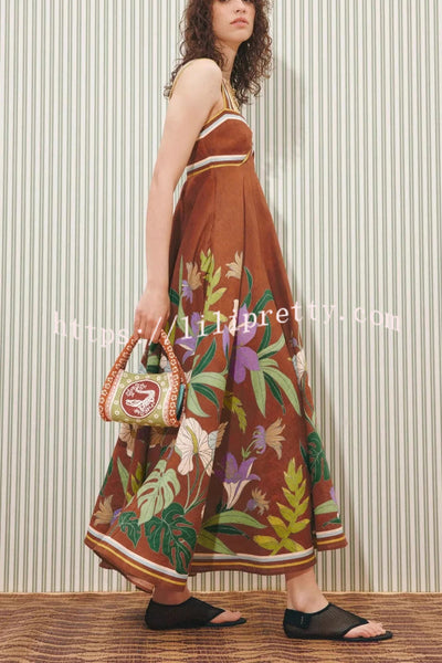 Brown Floral Linen Midi Dress