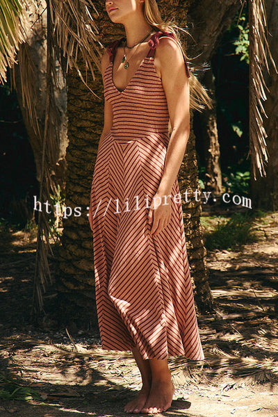 Striped Print V-Neck Lace-Up Backless Holiday Midi Dress