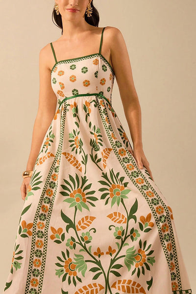 Unique Printed Sling Back Pleated Loose Holiday Maxi Dress