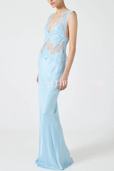 Effortless Elegance Satin Sheer Lace Patchwork V-neck Drape Maxi Dress