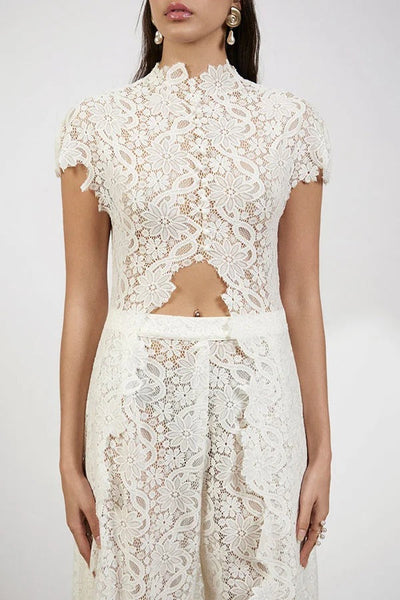 Elegance Avant-garde Floral Lace Short Sleeve High Low Top and High Rise Wide Leg Pants Set