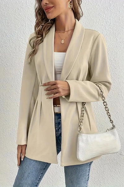 Solid Color Lapel Long Sleeve Elegant Pleated Waist Blazer