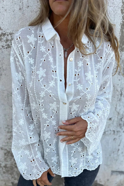 Embroidered Plant Long Sleeve Lapel Hollow Casual Shirt