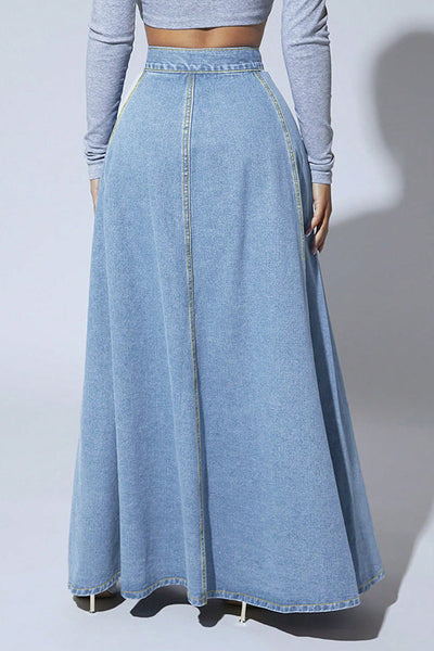 Fashion Metal Single-Breasted Casual Denim Maxi Skirt