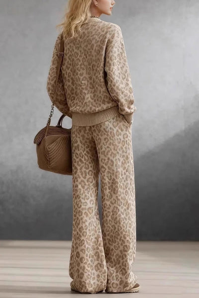 Leopard Print Loose Long-sleeved Top and Casual Pocket Straight-leg Pants Set