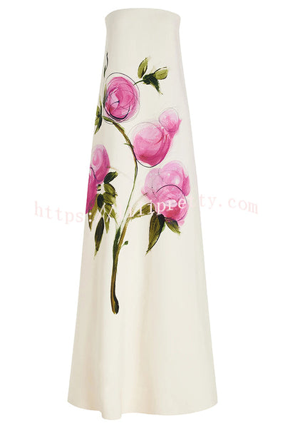 Garden Wedding Painted Roses Print Strapless A-line Maxi Dress