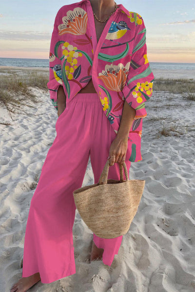 Plant Print Oversized Shirt and Elastic Waist Pocket Pants Set